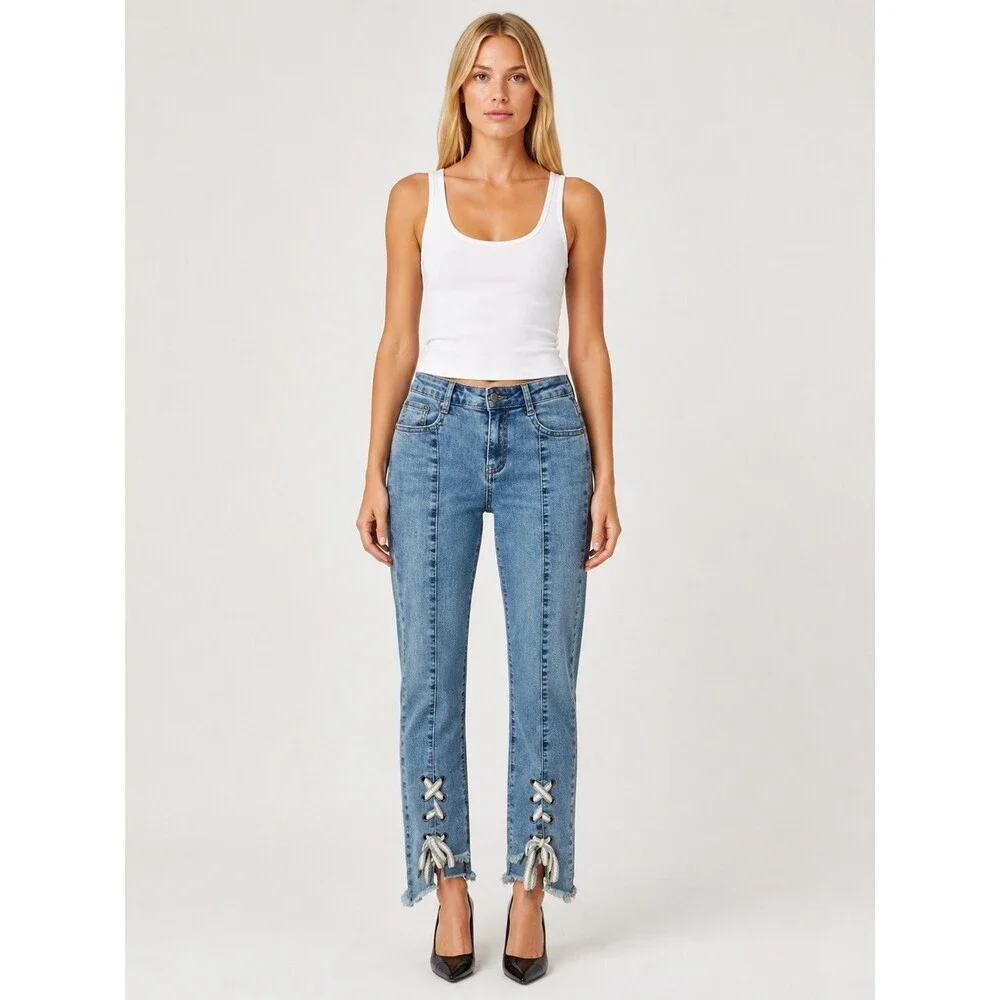 AZI New York Lace Up Hem Jean Women Size 2 Light Wash Denim Raw Edge Pintuck